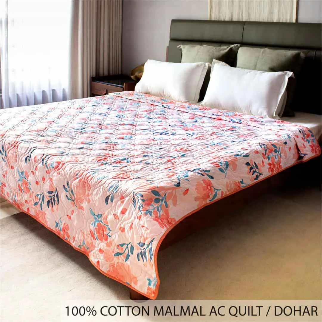 100% Malmal Cotton Blanket, Dohar, Quilt for AC and Light Winters - Peach Floral 1