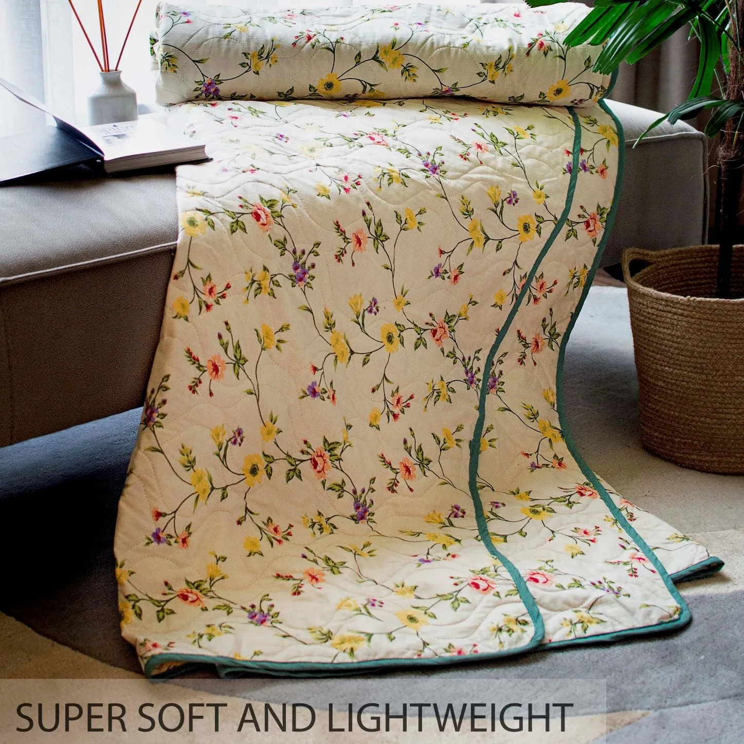 100% Malmal Cotton Blanket, Dohar, Quilt for AC and Light Winters - Yellow Floral 7