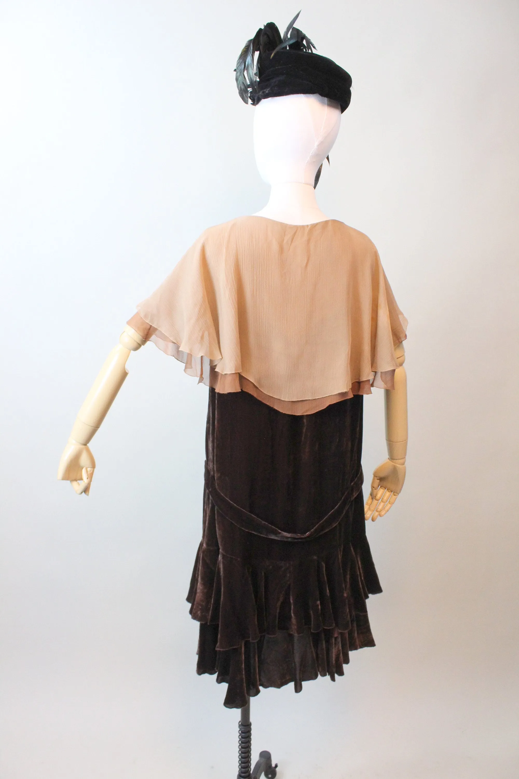 1920s CHOCOLATE CAPE silk velvet dress small | new fall