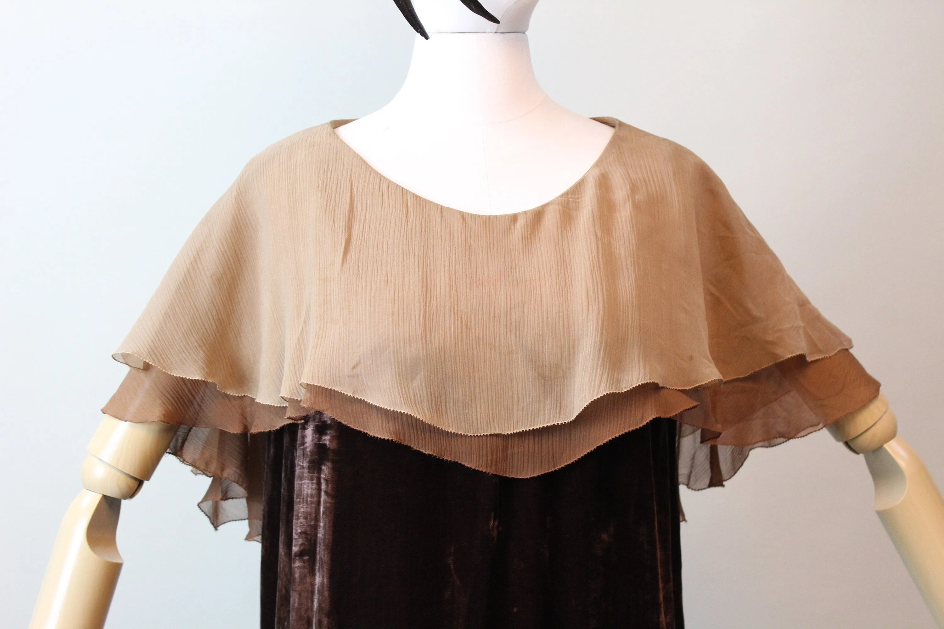 1920s CHOCOLATE CAPE silk velvet dress small | new fall