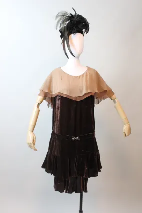 1920s CHOCOLATE CAPE silk velvet dress small | new fall