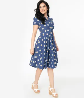 1950s Style Navy Blue Daisy Print Short Sleeve Mona Swing Dress