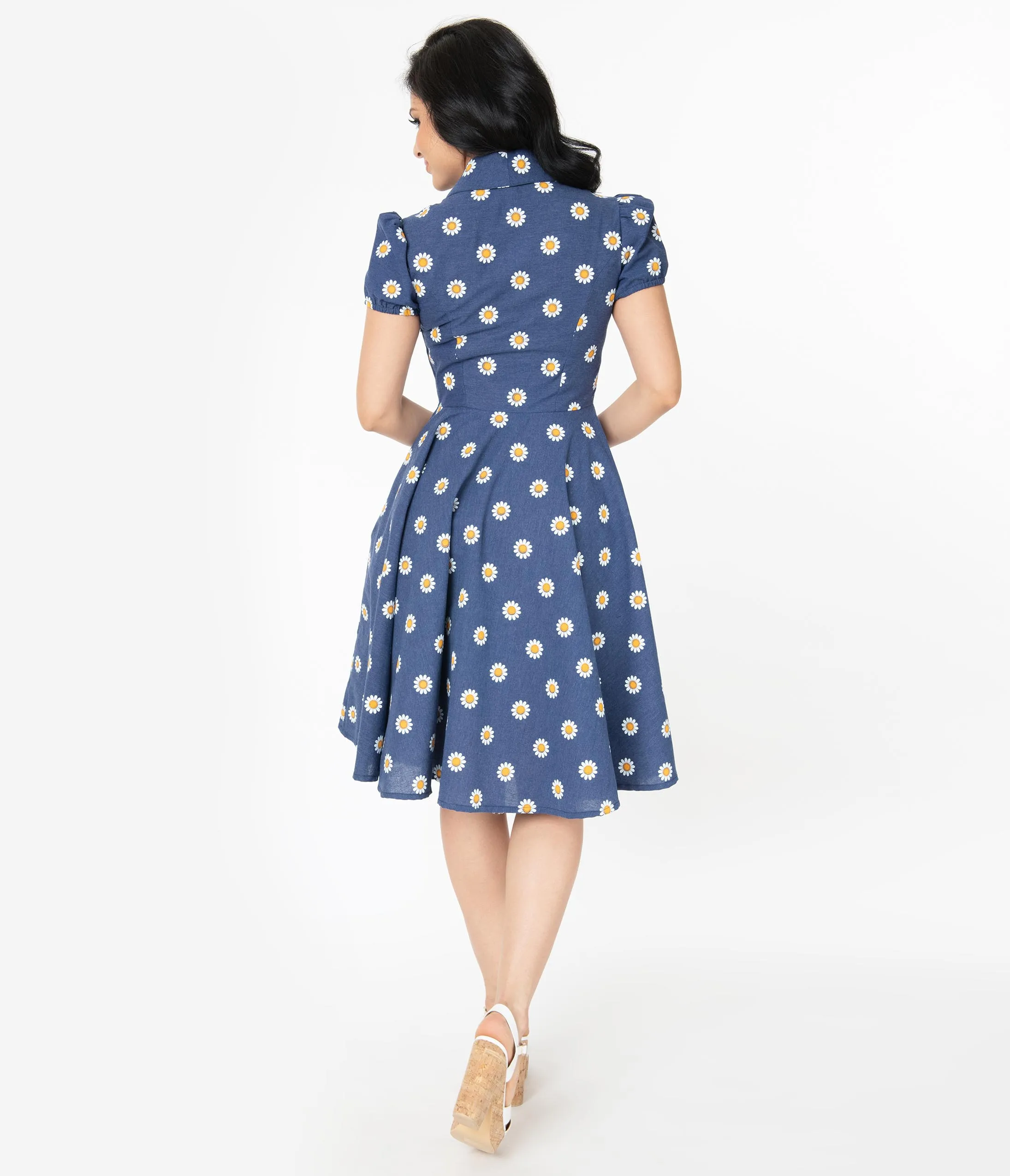 1950s Style Navy Blue Daisy Print Short Sleeve Mona Swing Dress