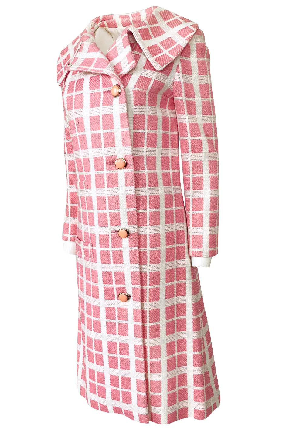 1960s Pierre Cardin Pink & White Check Woven Wool Fabric Spring Coat