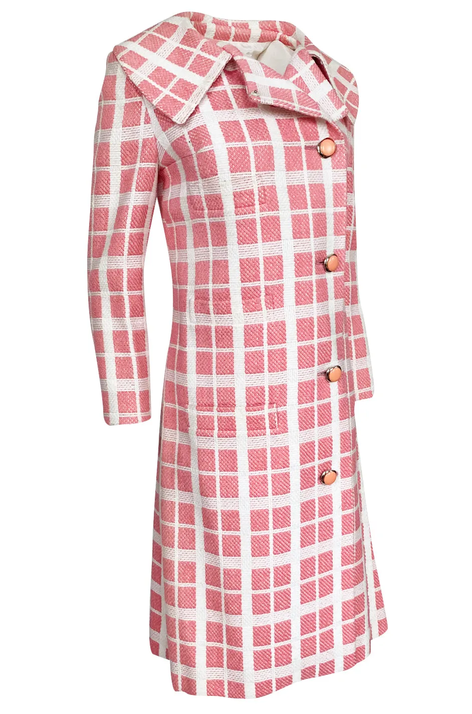 1960s Pierre Cardin Pink & White Check Woven Wool Fabric Spring Coat