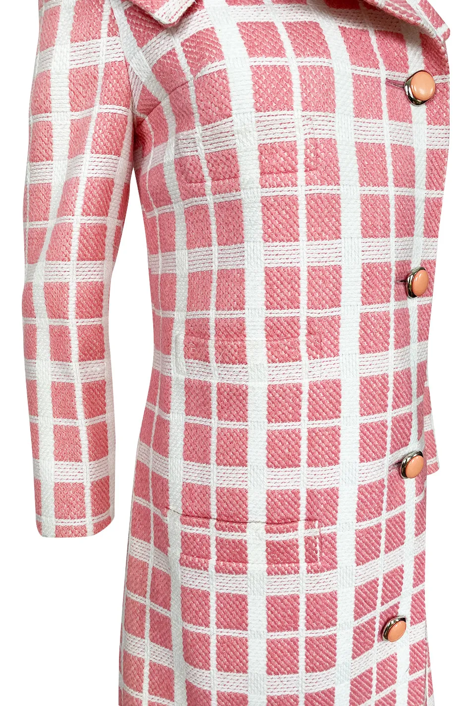 1960s Pierre Cardin Pink & White Check Woven Wool Fabric Spring Coat