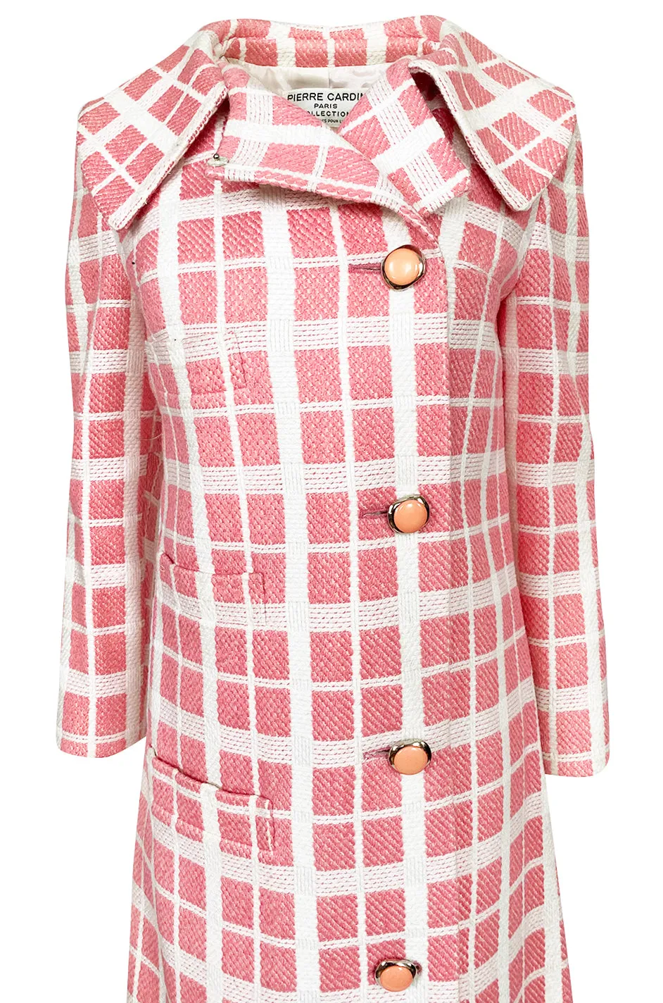 1960s Pierre Cardin Pink & White Check Woven Wool Fabric Spring Coat