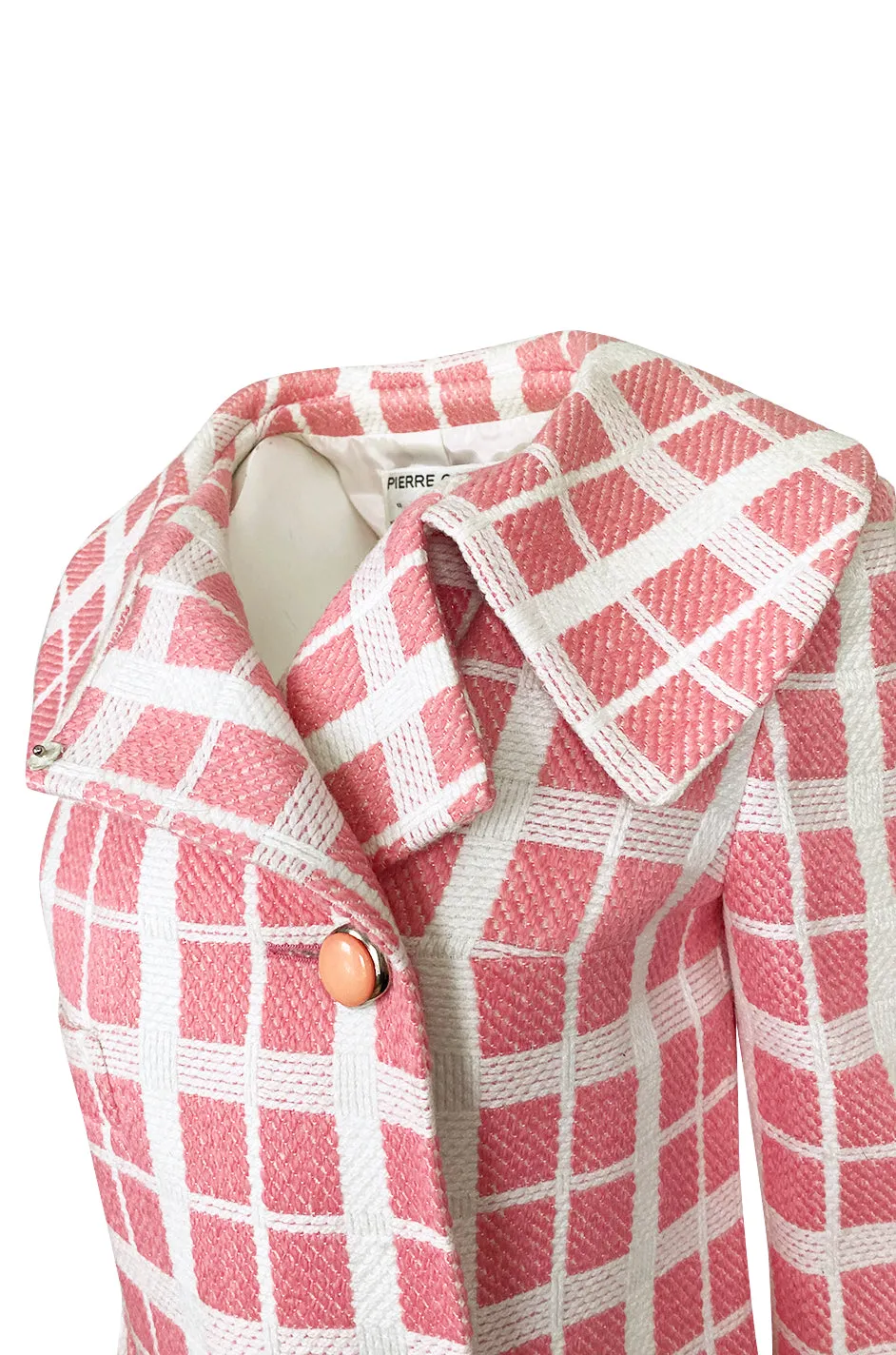 1960s Pierre Cardin Pink & White Check Woven Wool Fabric Spring Coat