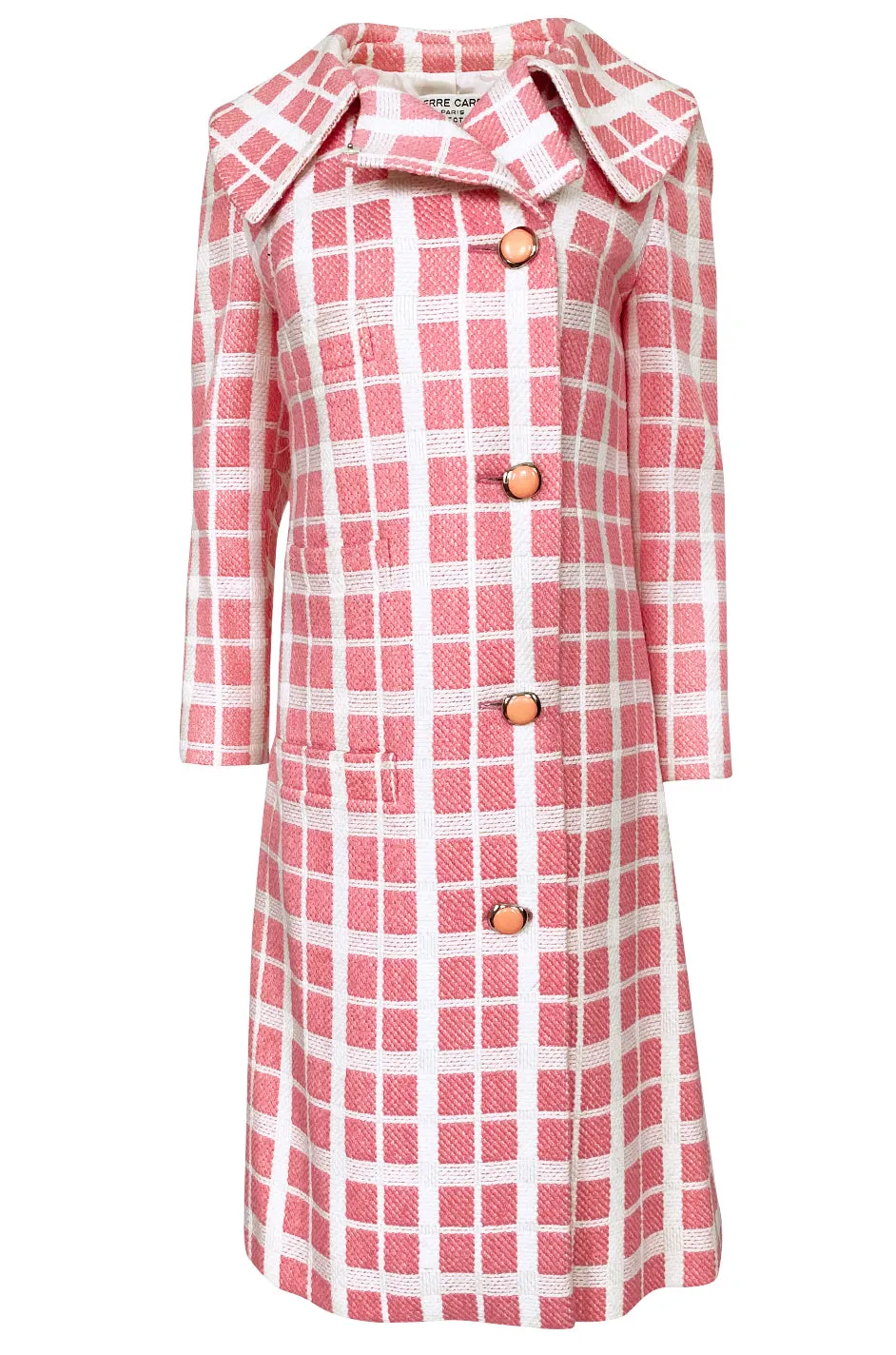 1960s Pierre Cardin Pink & White Check Woven Wool Fabric Spring Coat