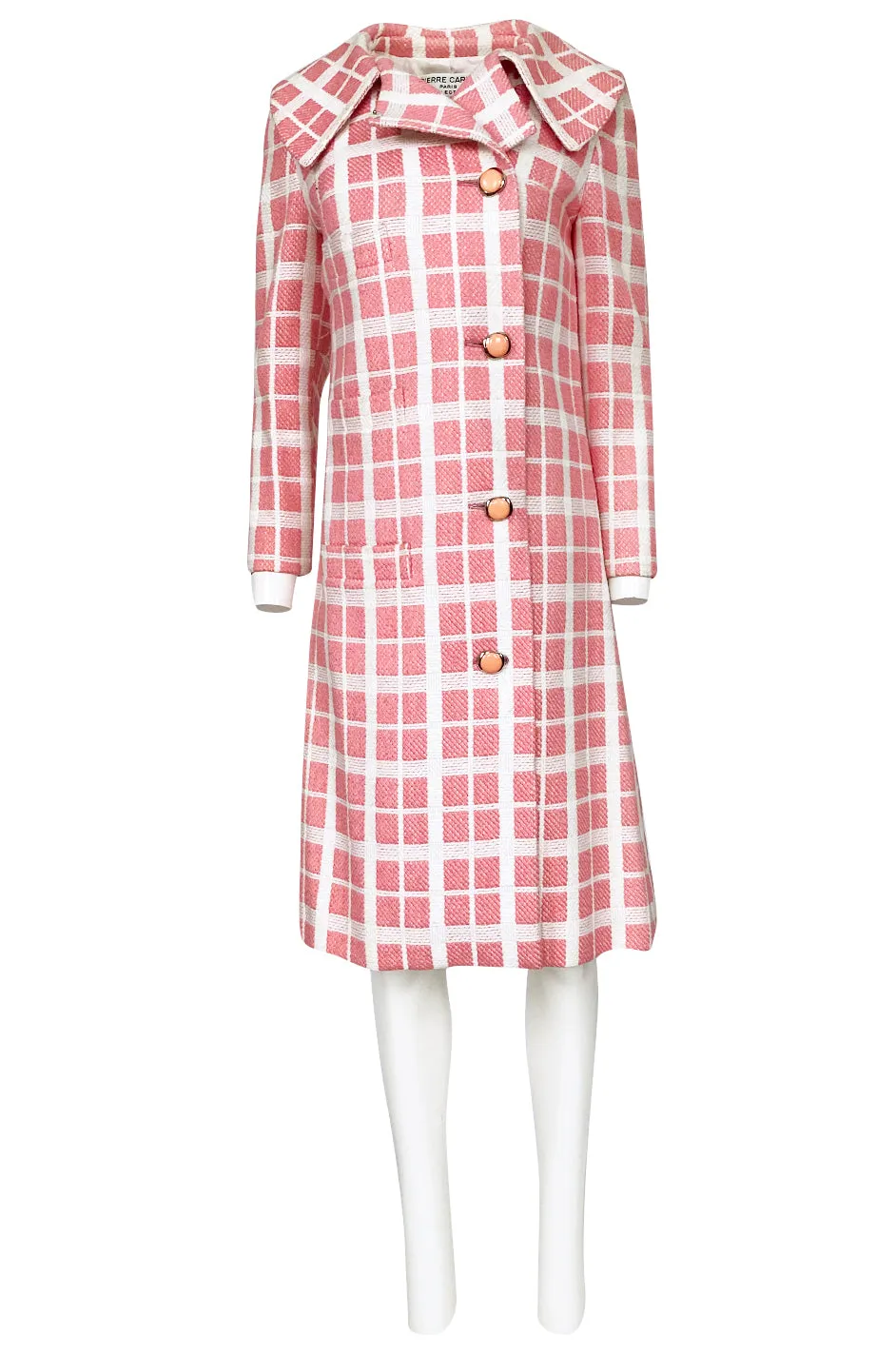 1960s Pierre Cardin Pink & White Check Woven Wool Fabric Spring Coat