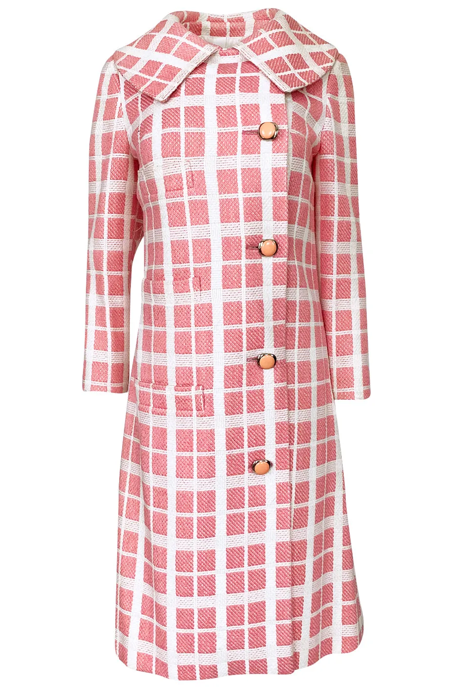 1960s Pierre Cardin Pink & White Check Woven Wool Fabric Spring Coat