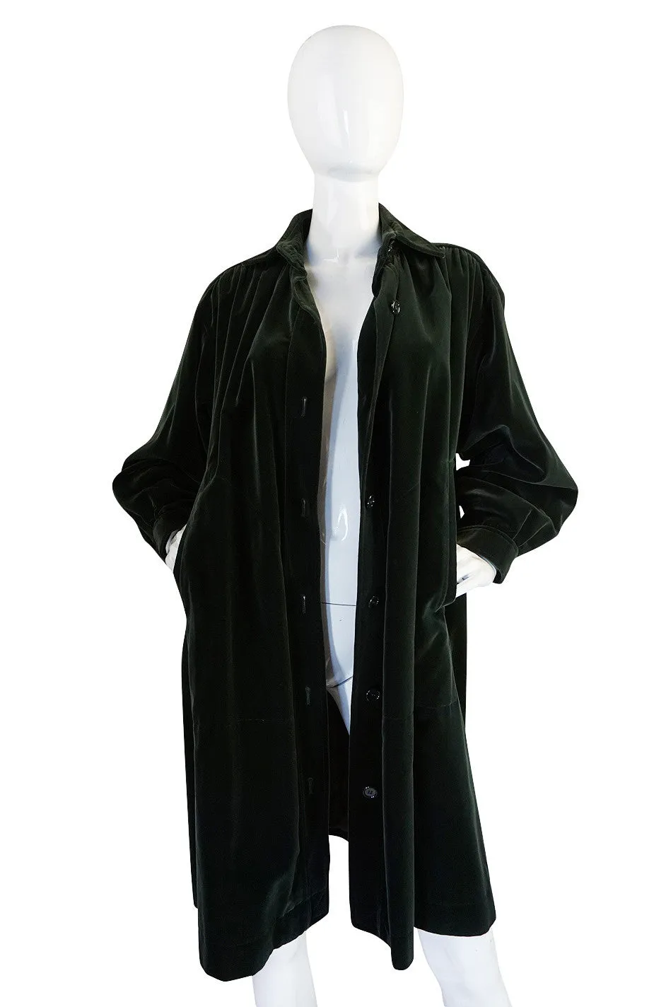 1970s Bottle Green Yves Saint Laurent Velvet Smock Coat