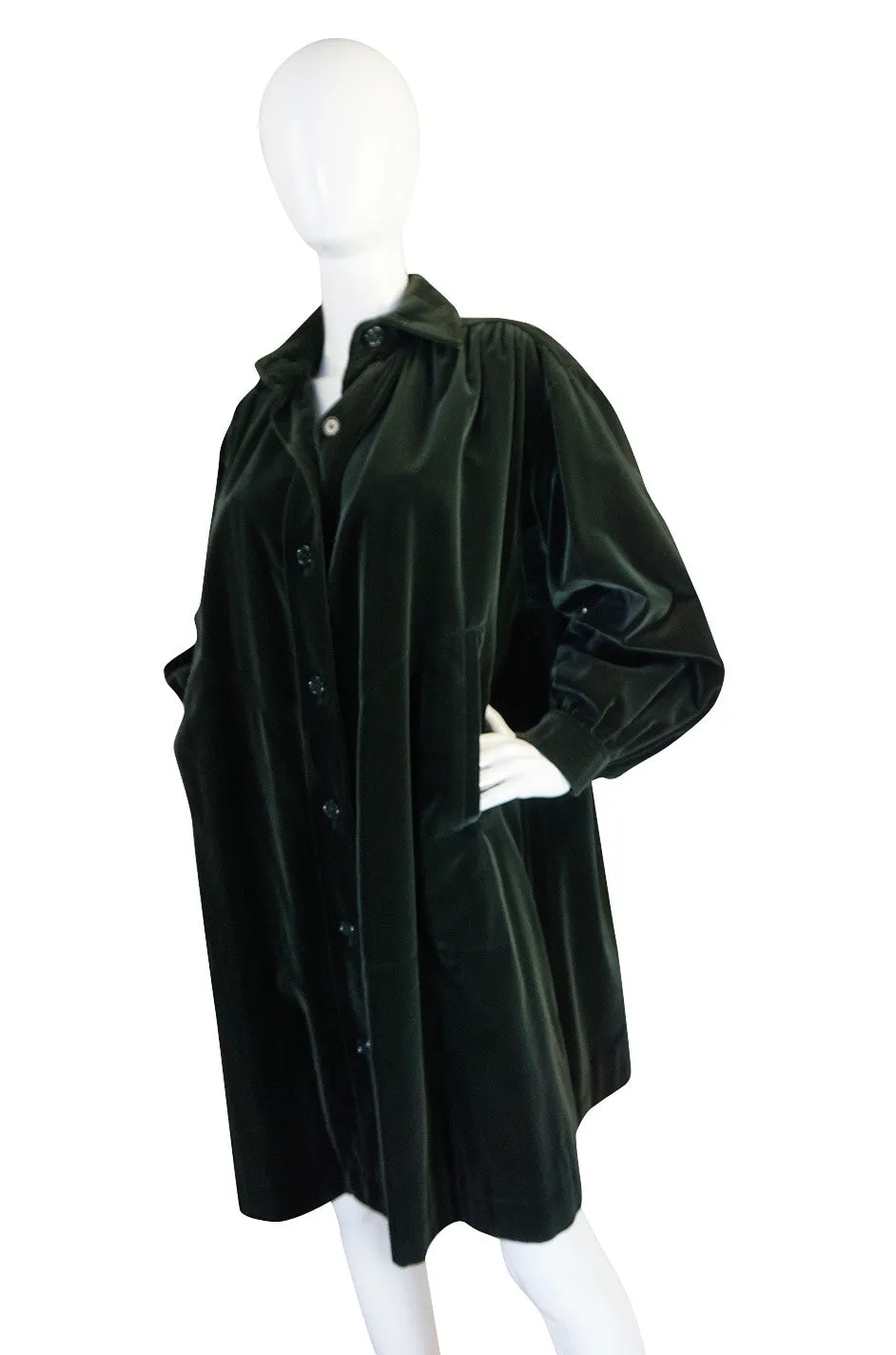 1970s Bottle Green Yves Saint Laurent Velvet Smock Coat