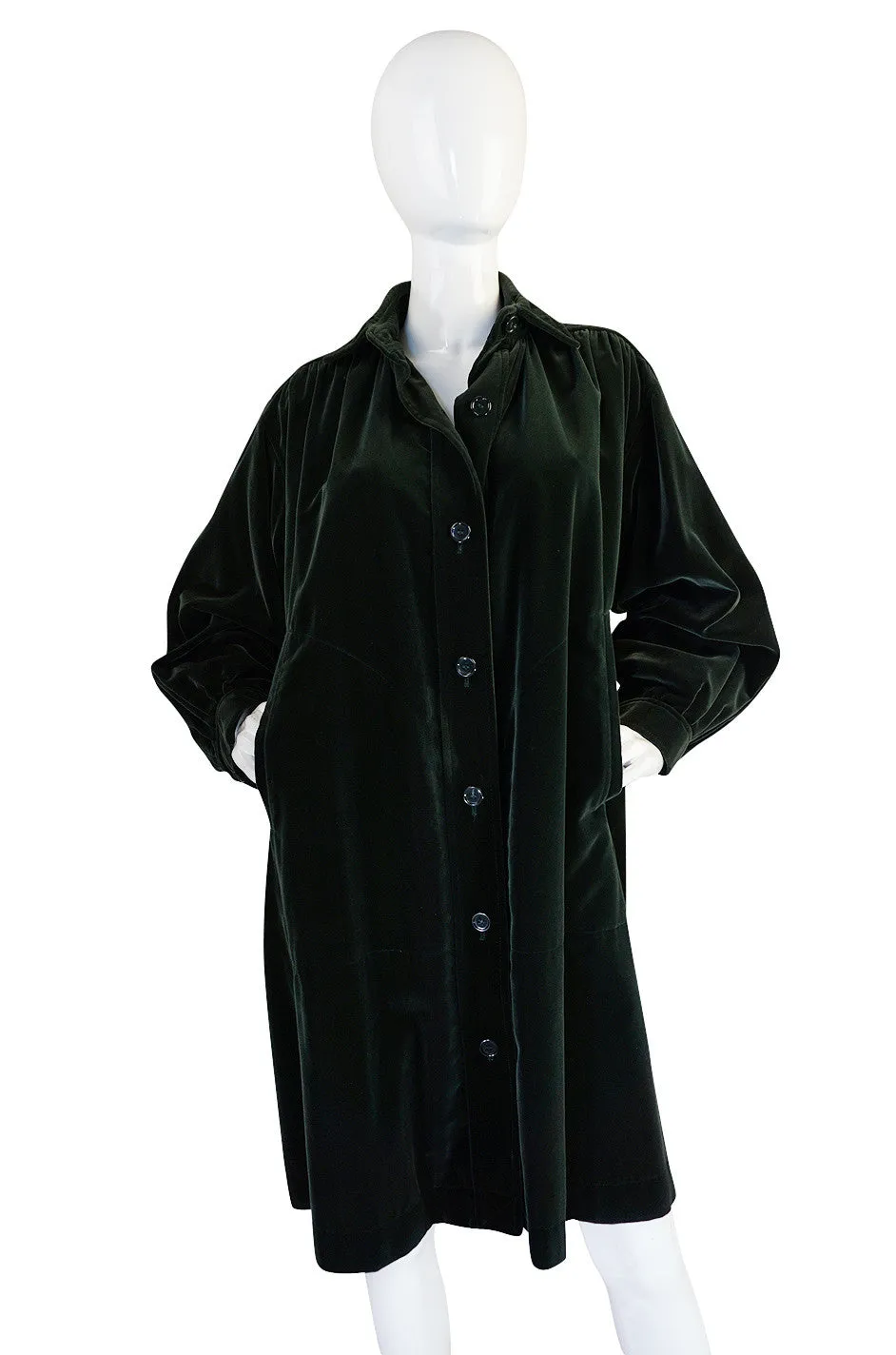 1970s Bottle Green Yves Saint Laurent Velvet Smock Coat