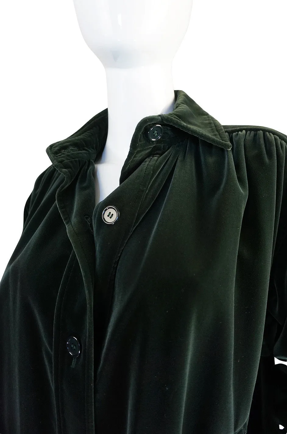 1970s Bottle Green Yves Saint Laurent Velvet Smock Coat