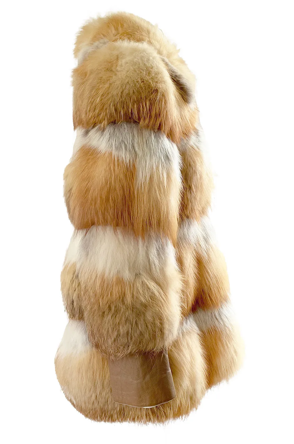 1970s Natural Red Fox Fur & Leather Coat w Brass Turnkey Closures