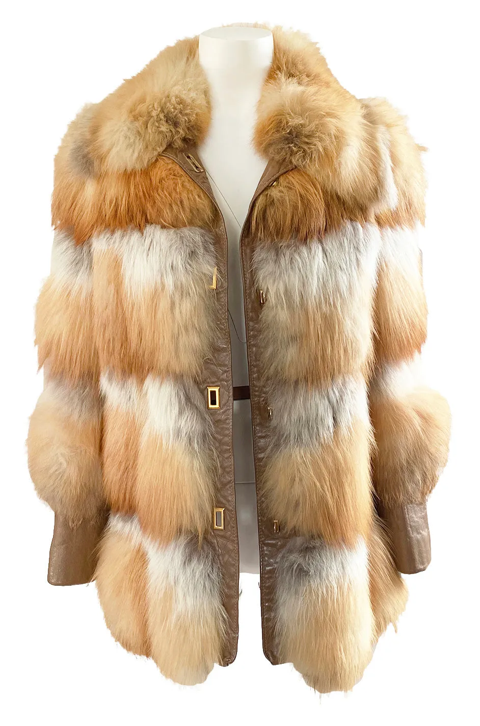 1970s Natural Red Fox Fur & Leather Coat w Brass Turnkey Closures