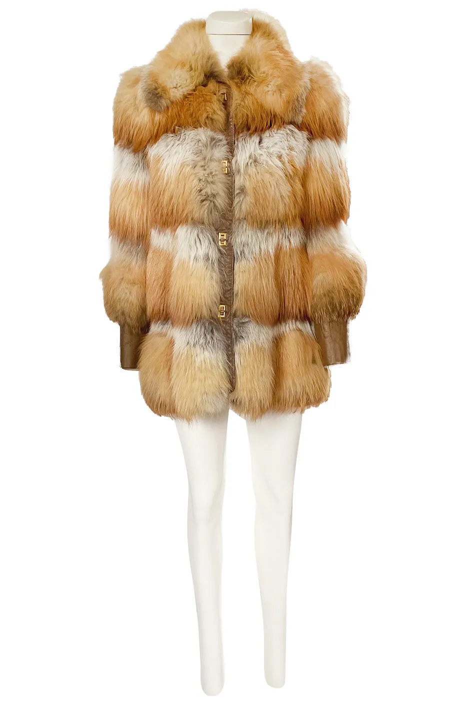 1970s Natural Red Fox Fur & Leather Coat w Brass Turnkey Closures