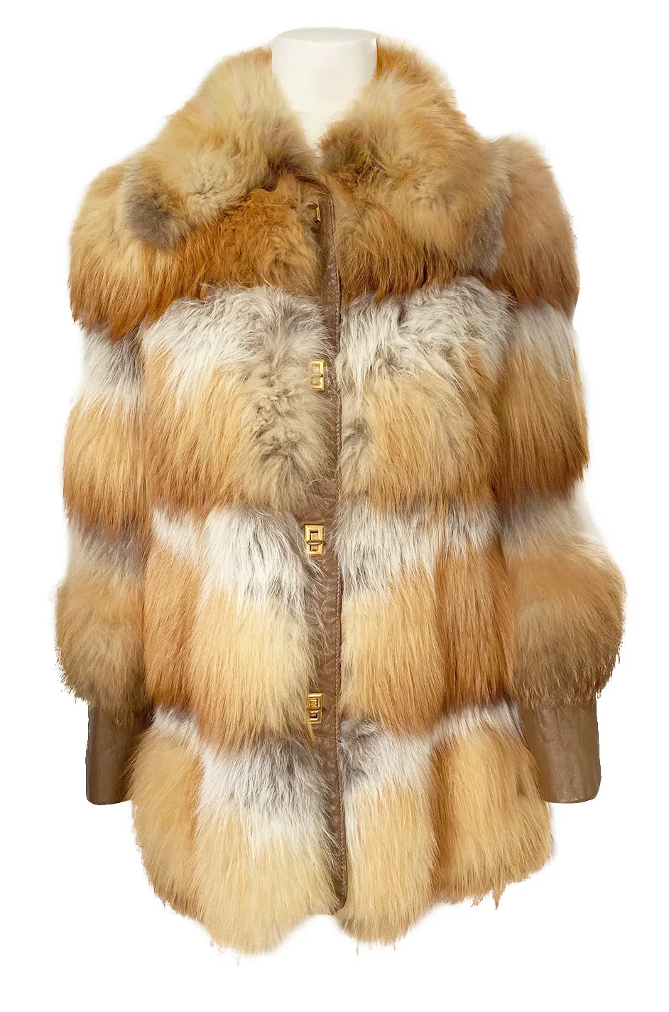 1970s Natural Red Fox Fur & Leather Coat w Brass Turnkey Closures