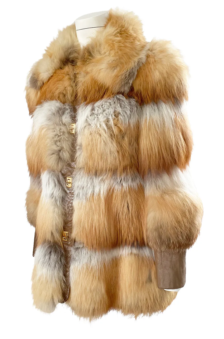 1970s Natural Red Fox Fur & Leather Coat w Brass Turnkey Closures