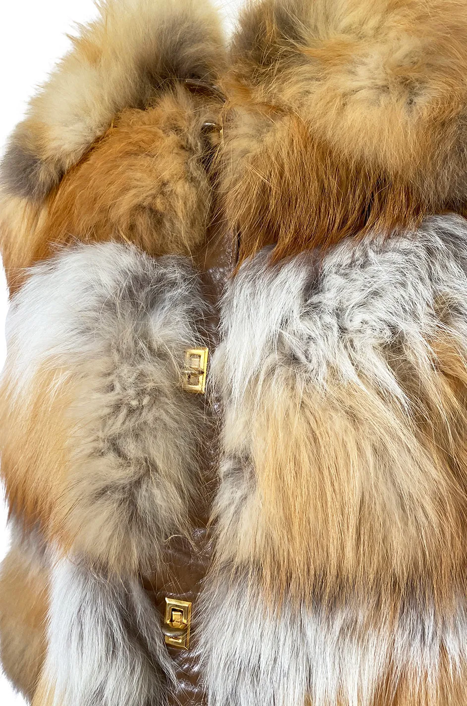 1970s Natural Red Fox Fur & Leather Coat w Brass Turnkey Closures