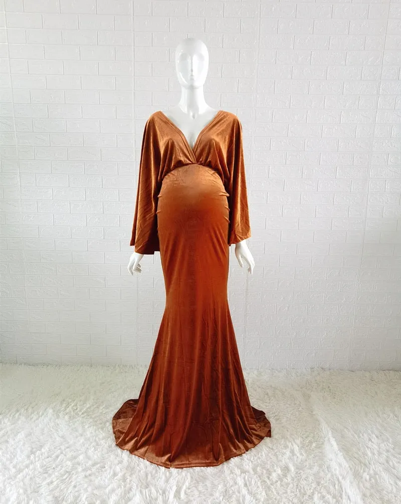 2023 Winter Velvet Boho Maternity Long Dress For Photo Shoot Bohemian Maternity Velvet V-neck Dress