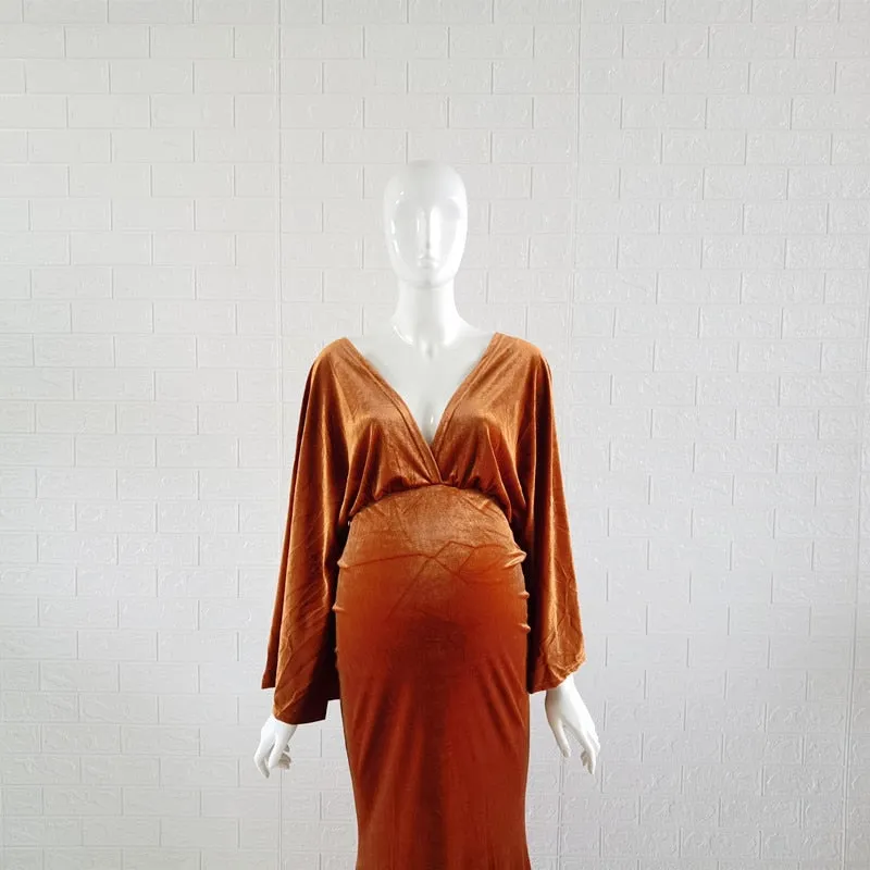 2023 Winter Velvet Boho Maternity Long Dress For Photo Shoot Bohemian Maternity Velvet V-neck Dress