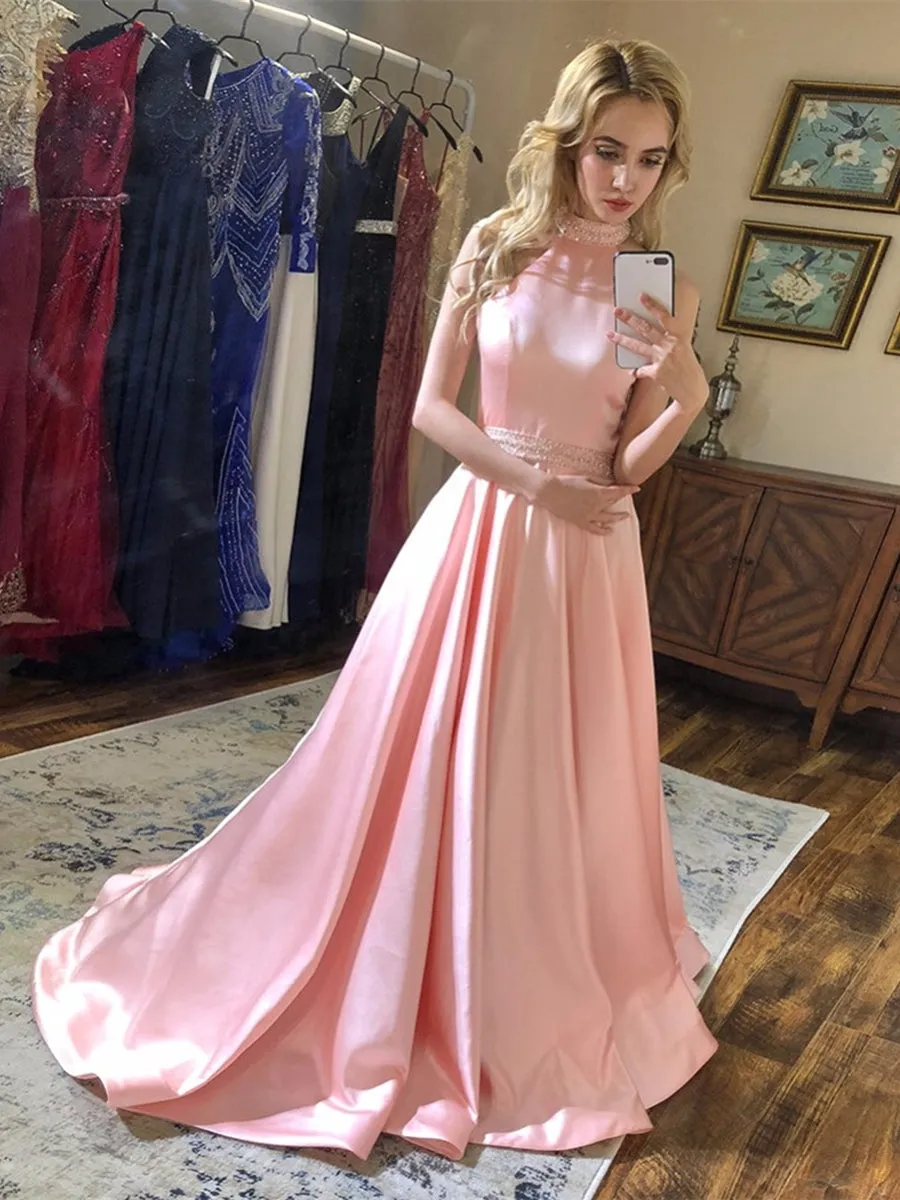 A Line Halter Neck Backless Beading Satin Long Pink Prom, Backless Pink Formal, Pink Evening