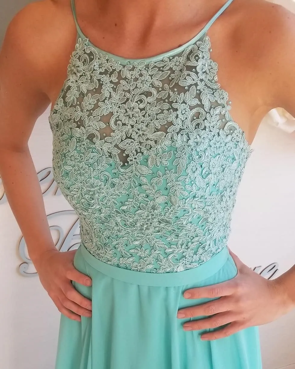 A Line Long Aqua Lace Prom, Aqua Lace Formal Graduation Evening