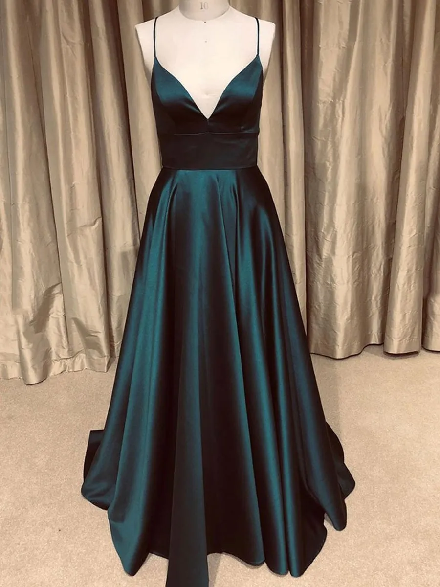 A Line V Neck Backless Dark Green Long Prom, Simple V Neck Dark Green Formal, Dark Green Evening