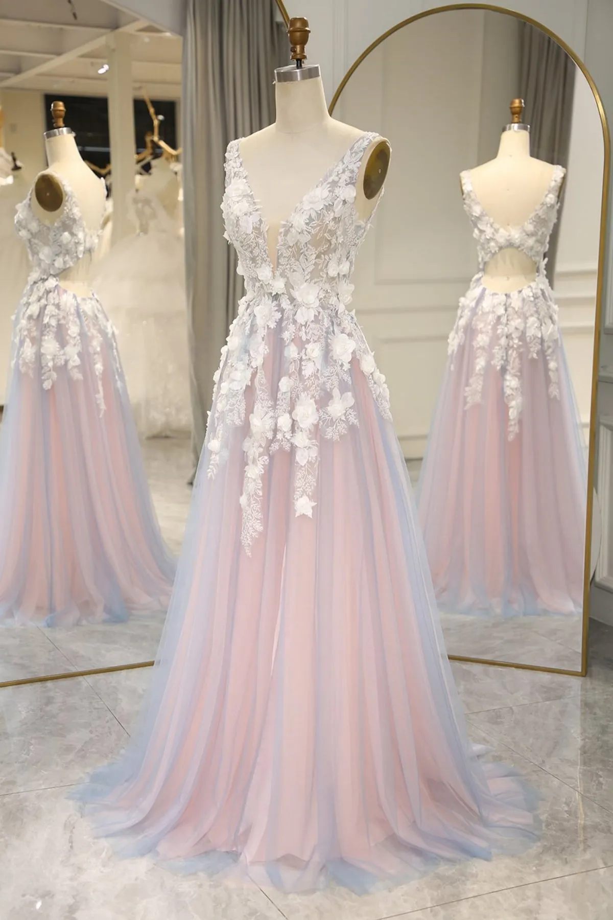 A Line V Neck Open Back Pink Long Prom Dress with 3D Flowers, Pink Floral Formal Graduation Evening Dress A2122