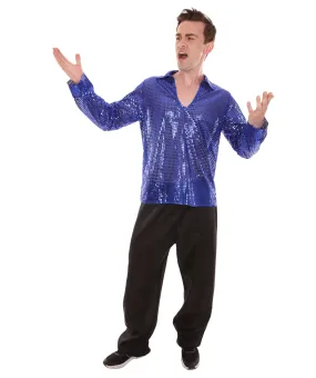 Adult Men's 70's Disco Sequin Shirt Costume | Blue Vintage Cosplay Costume