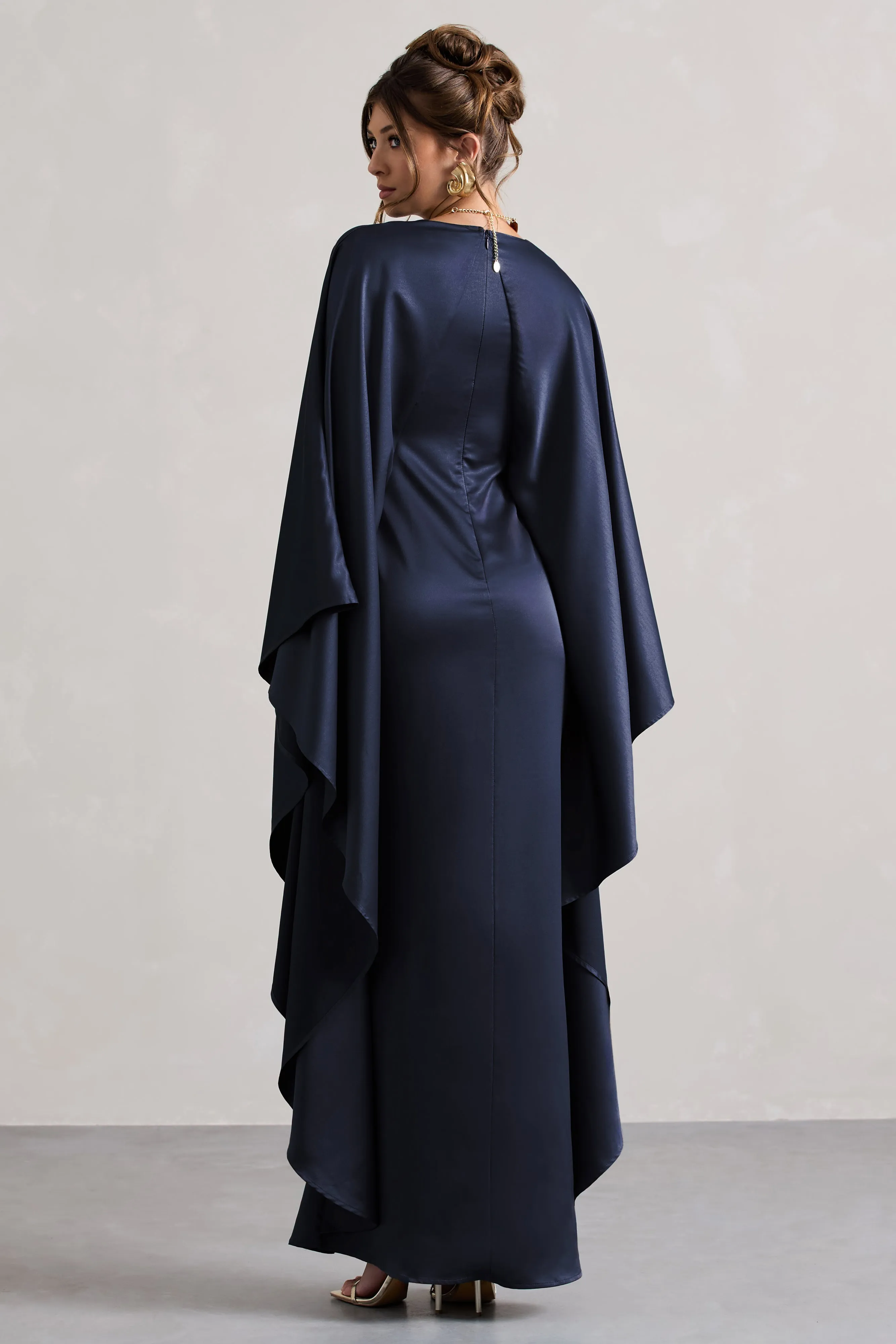 Alohi | Navy Satin Plunge Cape Maxi Dress