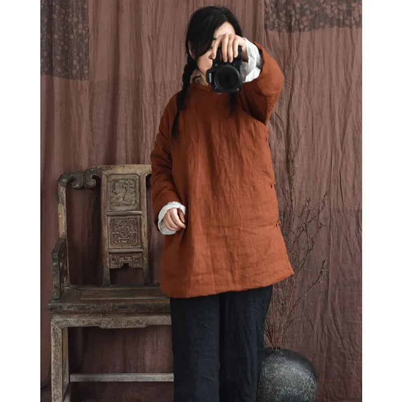 Autumn Winter Retro Linen Quilted Solid Coat for Women