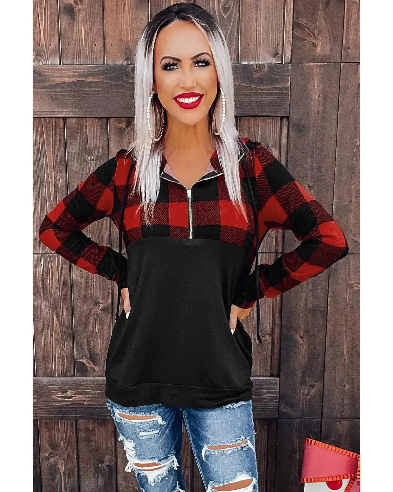 Azura Exchange Buffalo Plaid Zip Pullover Hooded Top - M