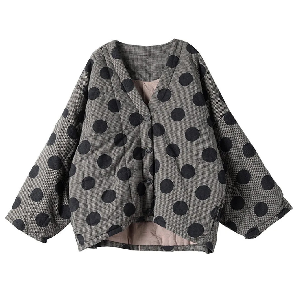 Babakud Women Winter Retro Polka Dots Quilted Linen Jacket