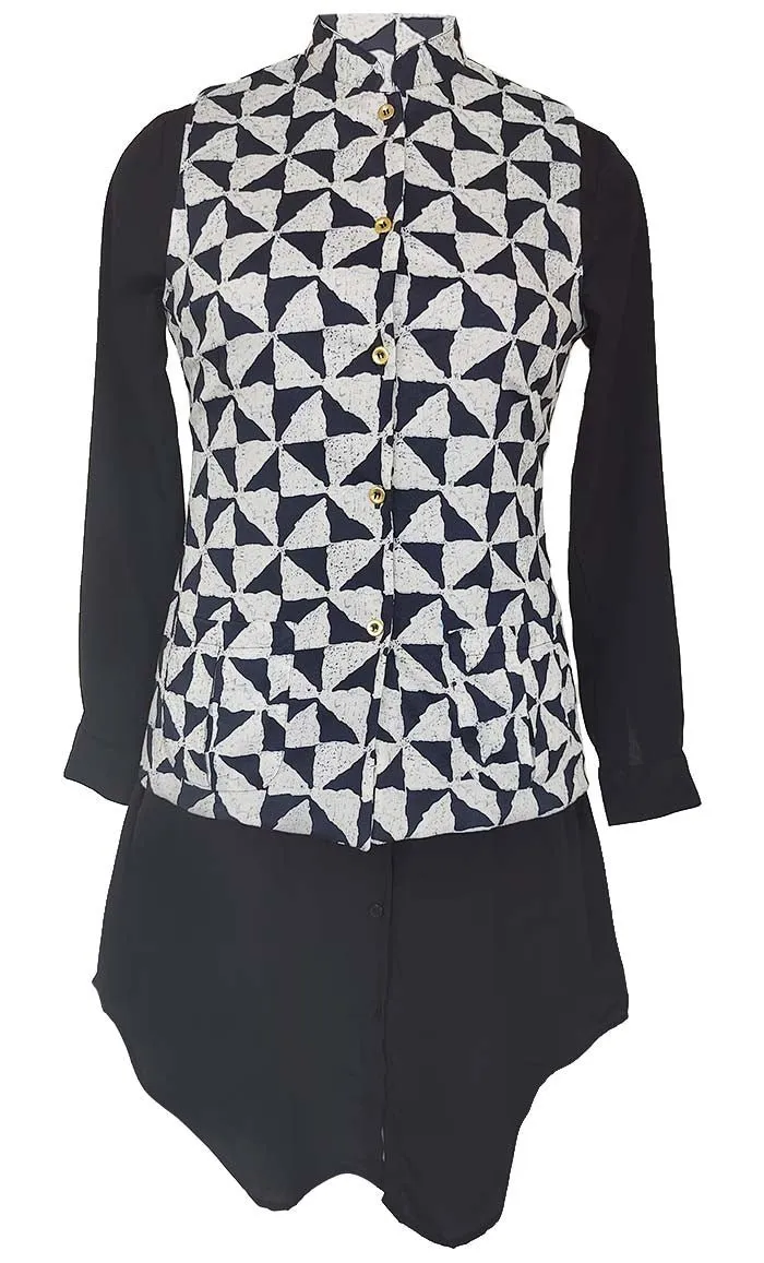 Basic Black And White Printed Waist Coat Style Jacket With Tunic