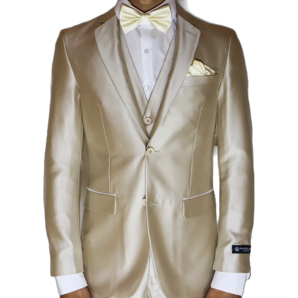 Beige Avanti Milano Shark Skin Notch Lapel Three Piece Suit