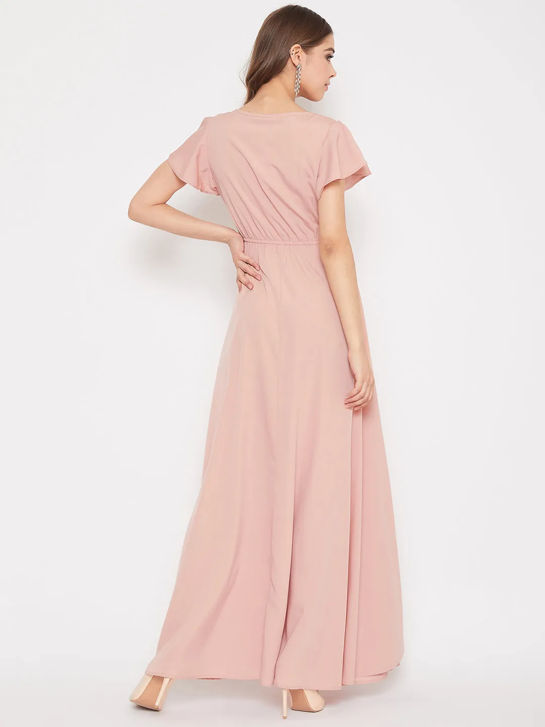 Berrylush Women Solid Pink V-Neck Thigh-High Slit Flared Maxi Dress