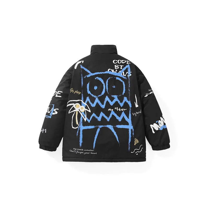 Bigdons hand-painted graffiti printed stand-up collar with rotator sleeves closed sleeves padded jacket