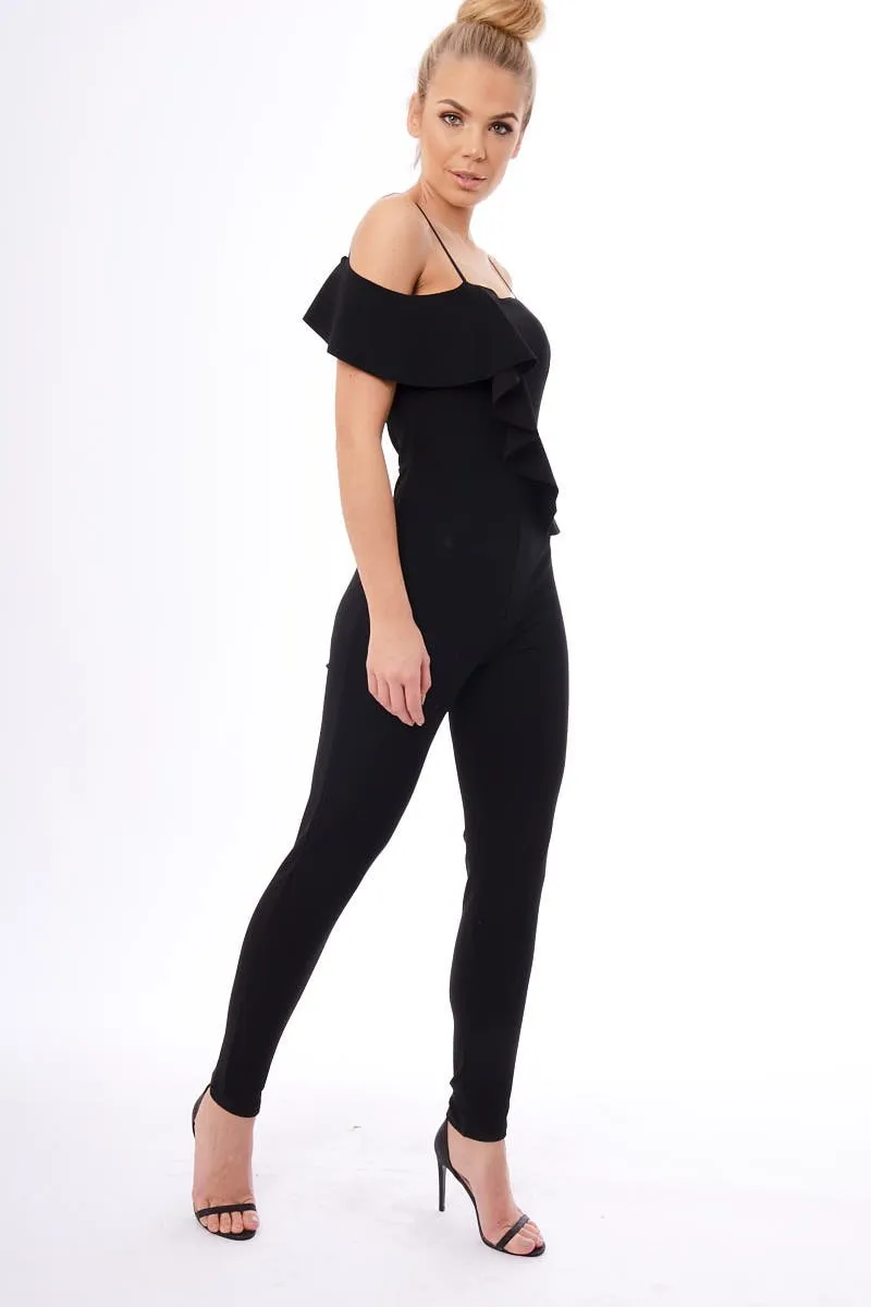 Black Frill Asymmetric One Shoulder Jumpsuit - Tory