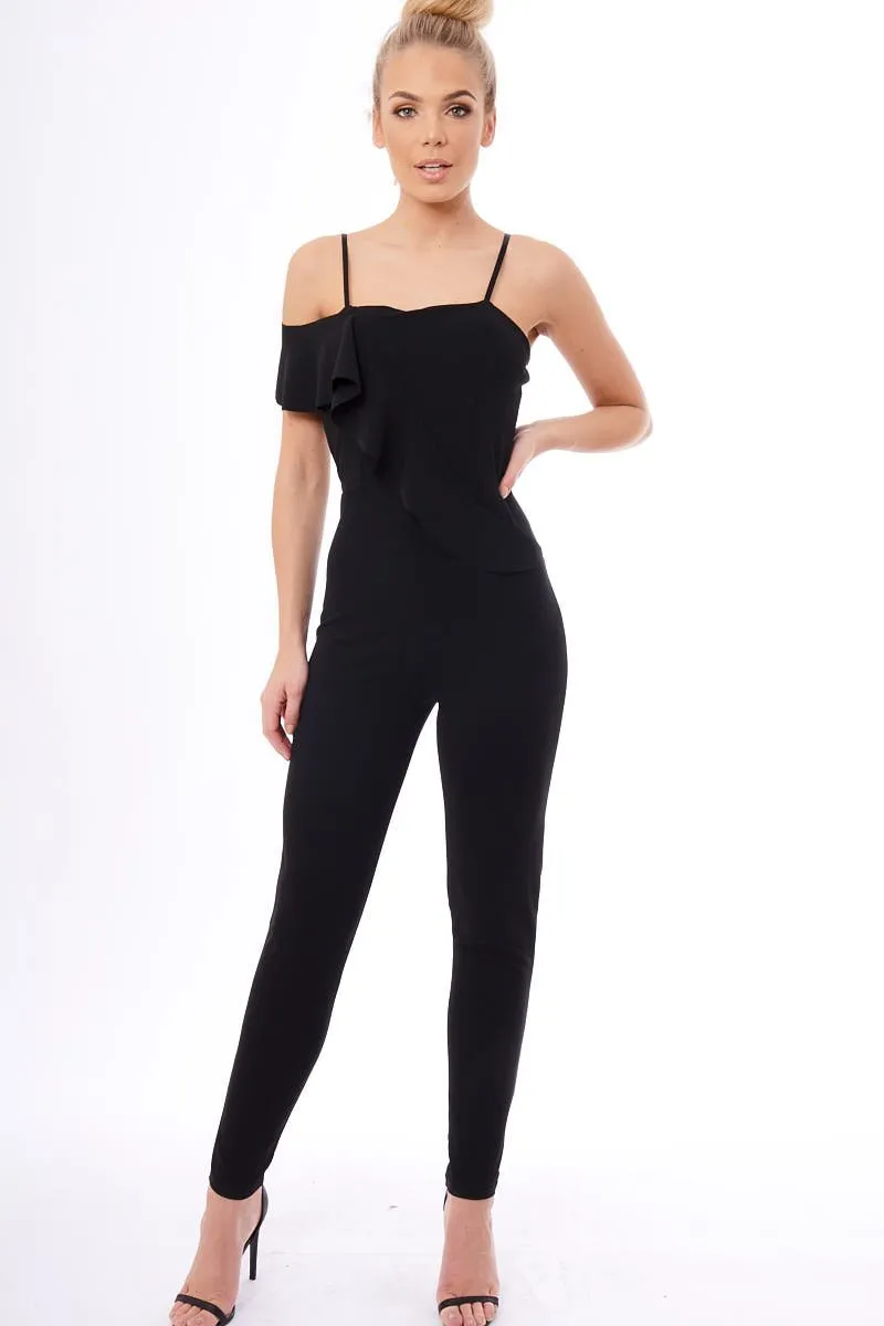 Black Frill Asymmetric One Shoulder Jumpsuit - Tory