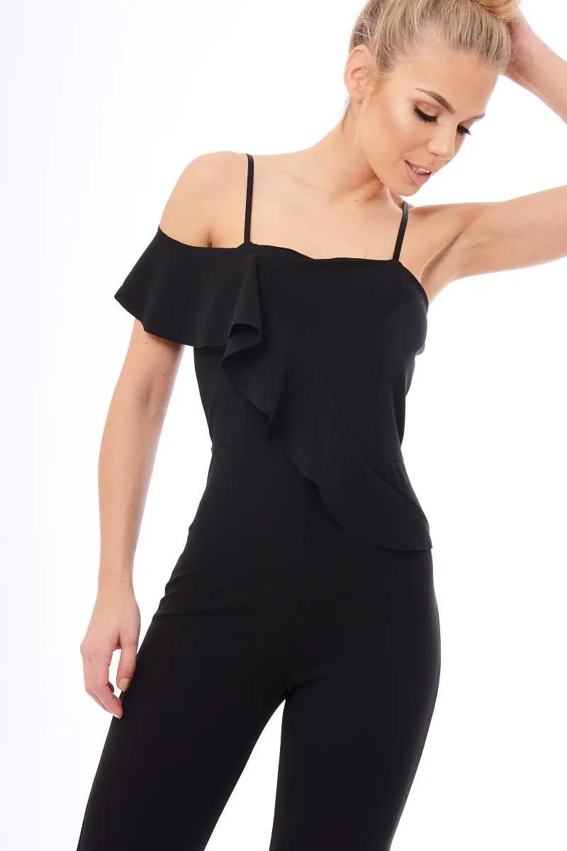 Black Frill Asymmetric One Shoulder Jumpsuit - Tory