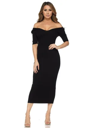 Black Half Sleeve Off Shoulder Ribbed Midi Dress