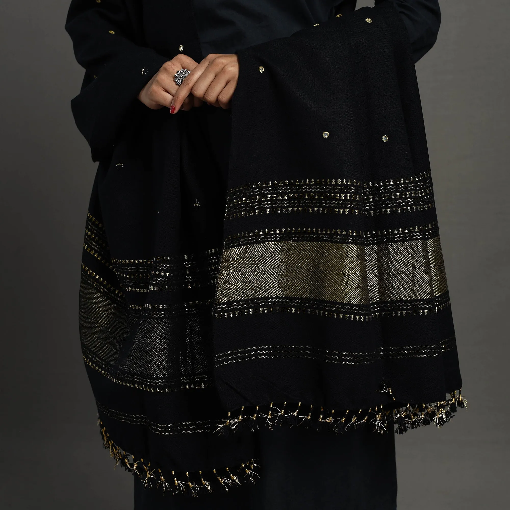 Black - Kutch Zari Hand Embroidery Mirror Work Woollen Shawl 139