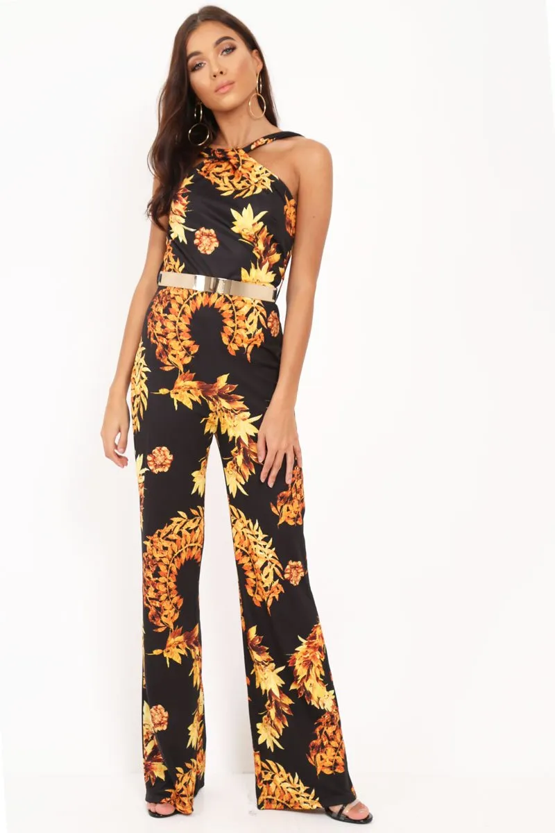 Black Leaf Print Twist Front Belted Jumpsuit - Rainn