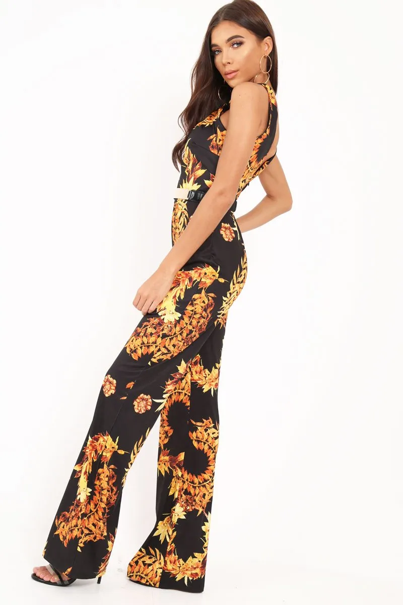 Black Leaf Print Twist Front Belted Jumpsuit - Rainn