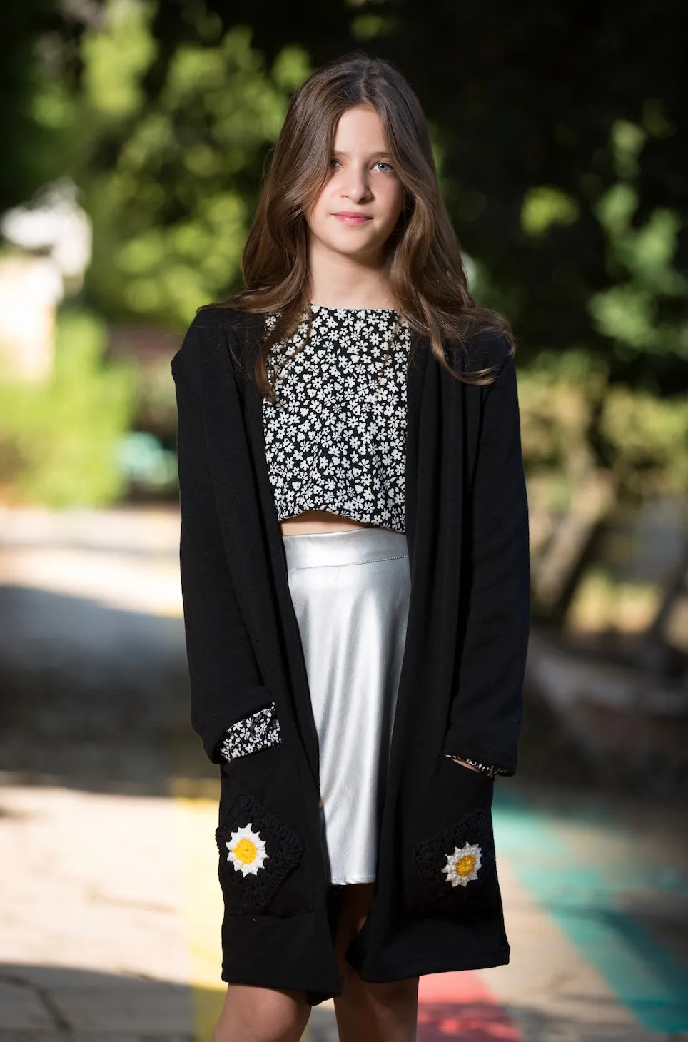 Black Long Cardigan with Handmade Crochet Pockets