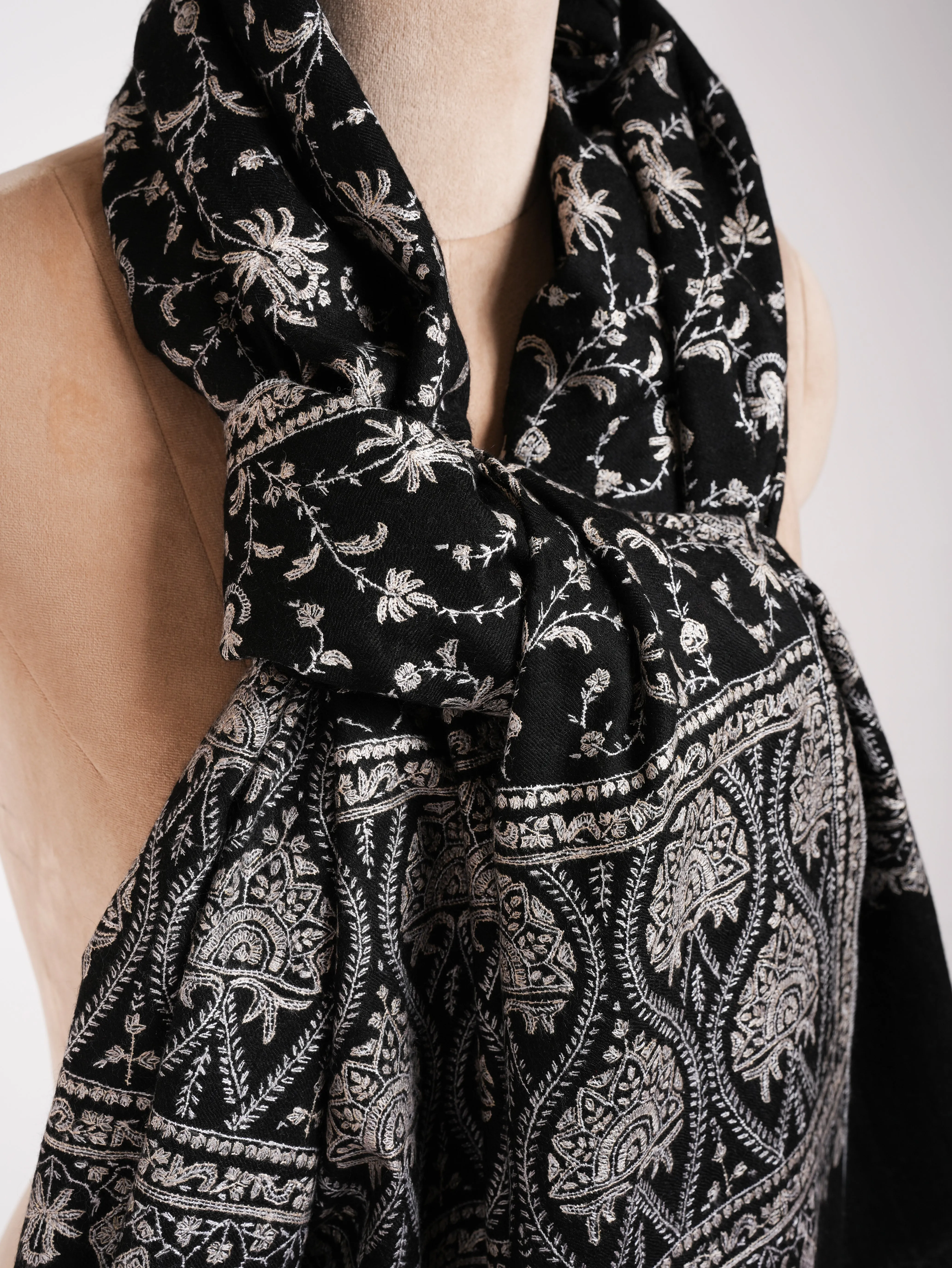 Black Pashmina Handloomed Shawl with Hand Embroidery