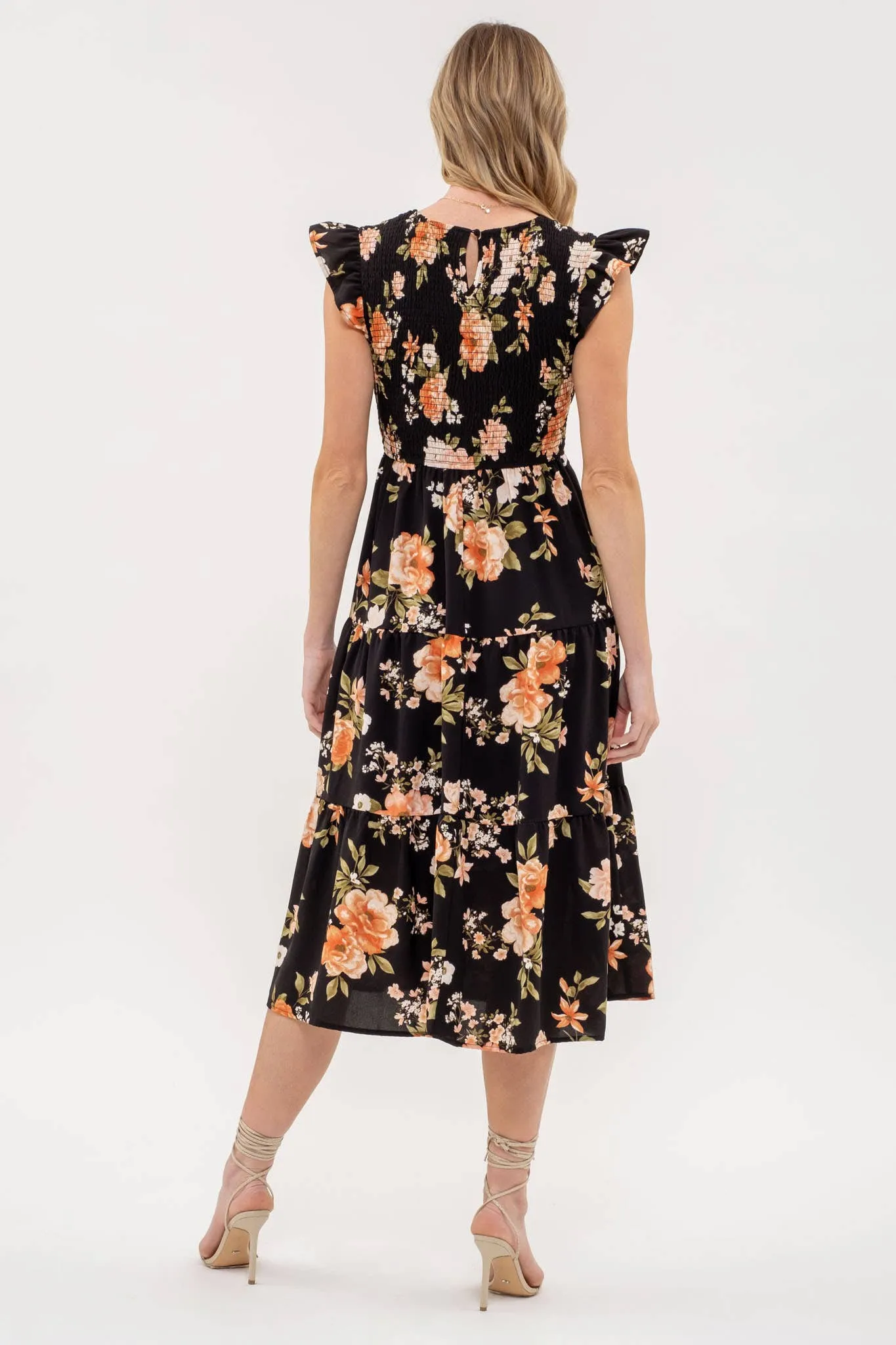 Black Smocked Tiered Floral Dress